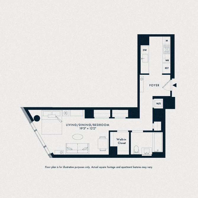 Floor plan for studio, 1 bath, 639 sqft