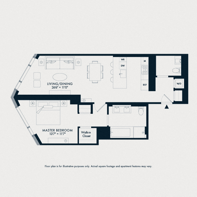 Floor plan for 1 bed, 1.5 baths, 943 sqft