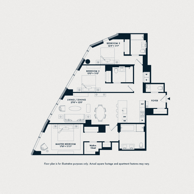 Floor plan for 3 beds, 3.5 baths, 1693 sqft