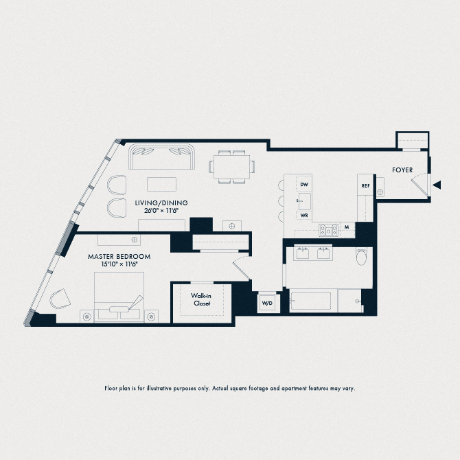 Floor plan for 1 bed, 1 bath, 987 sqft