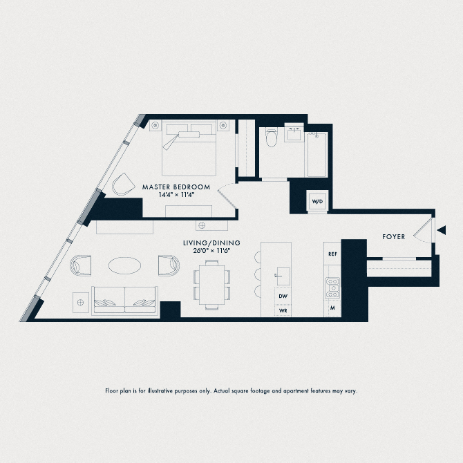 Floor plan for 1 bed, 1 bath, 849 sqft