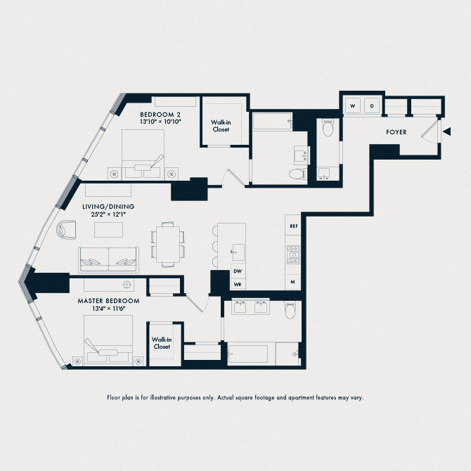 Floor plan for 2 beds, 2.5 baths, 1353 sqft
