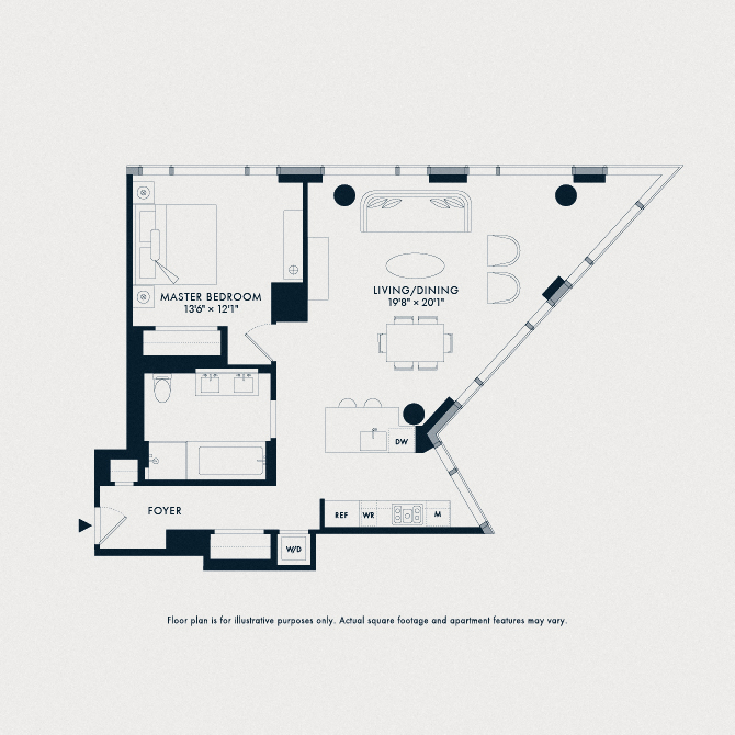 Floor plan for 1 bed, 1 bath, 1072 sqft