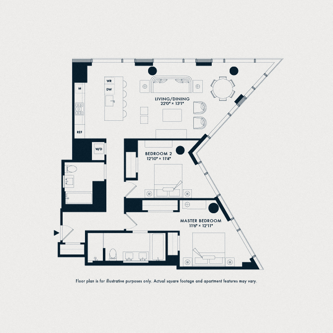 Floor plan for 2 beds, 2 baths, 1334 sqft