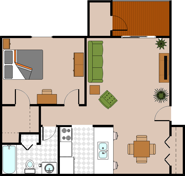Floor plan for 1 bed, 1 bath, 995 sqft