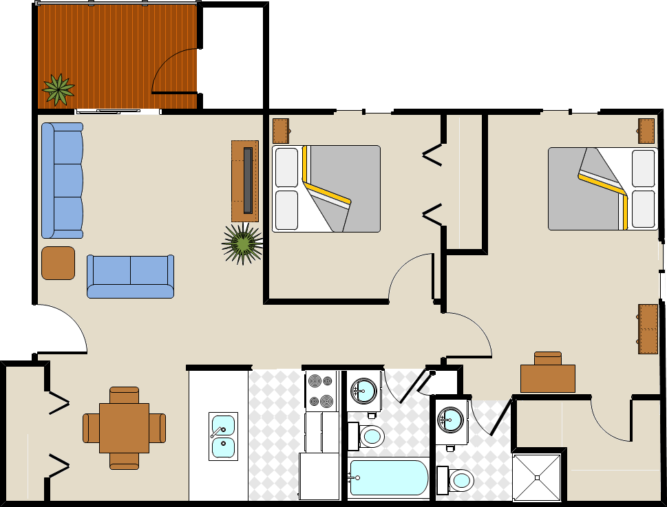 Floor plan for 2 beds, 2 baths, 995 sqft