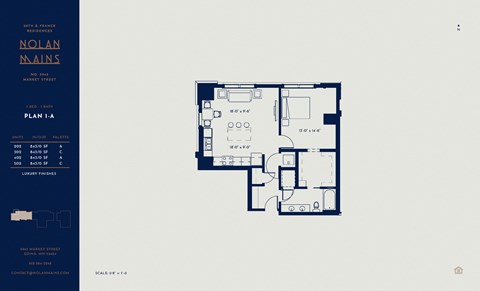 Floor plan for 1 bed, 1 bath, 692 sqft
