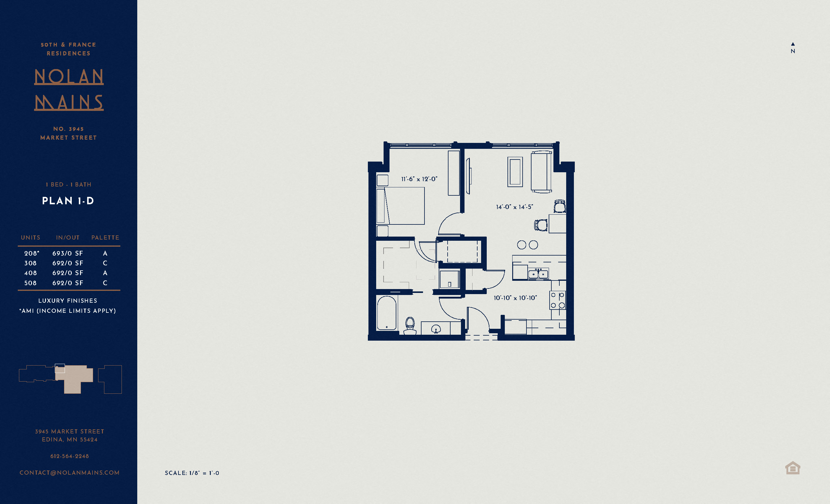 Floor plan for 1 bed, 1 bath, 692 sqft
