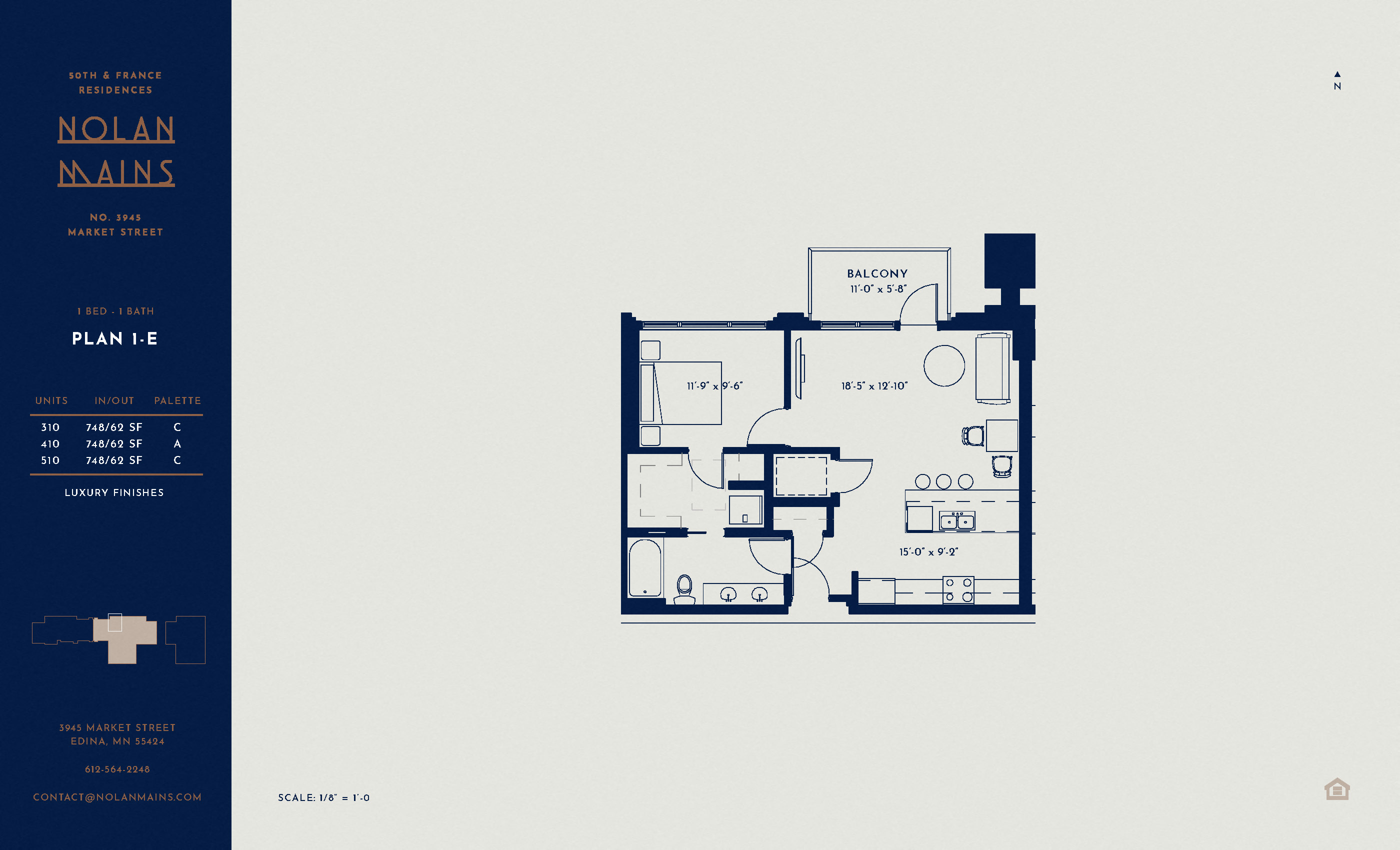 Floor plan for 1 bed, 1 bath, 748 sqft