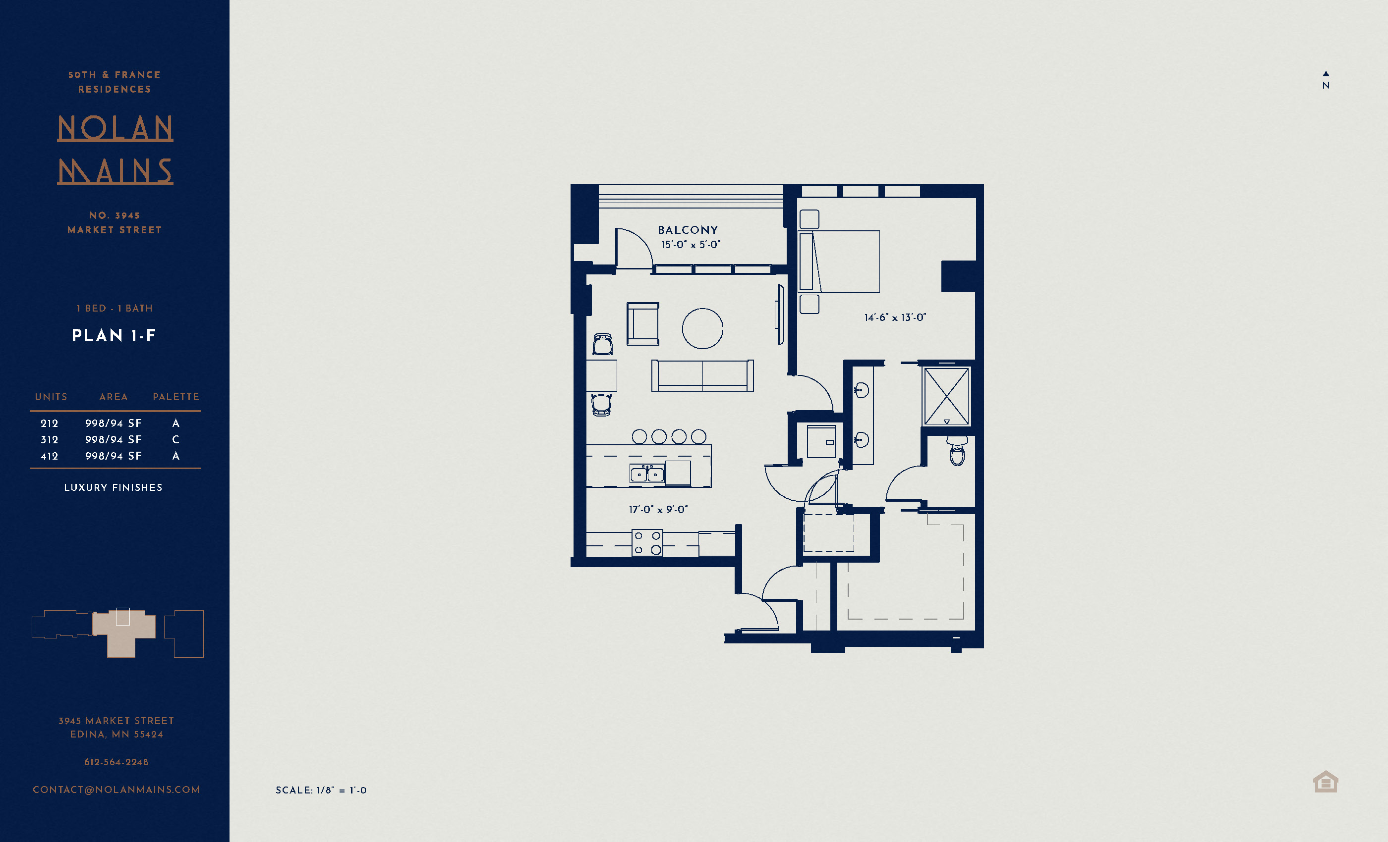 Floor plan for 1 bed, 1 bath, 998 sqft