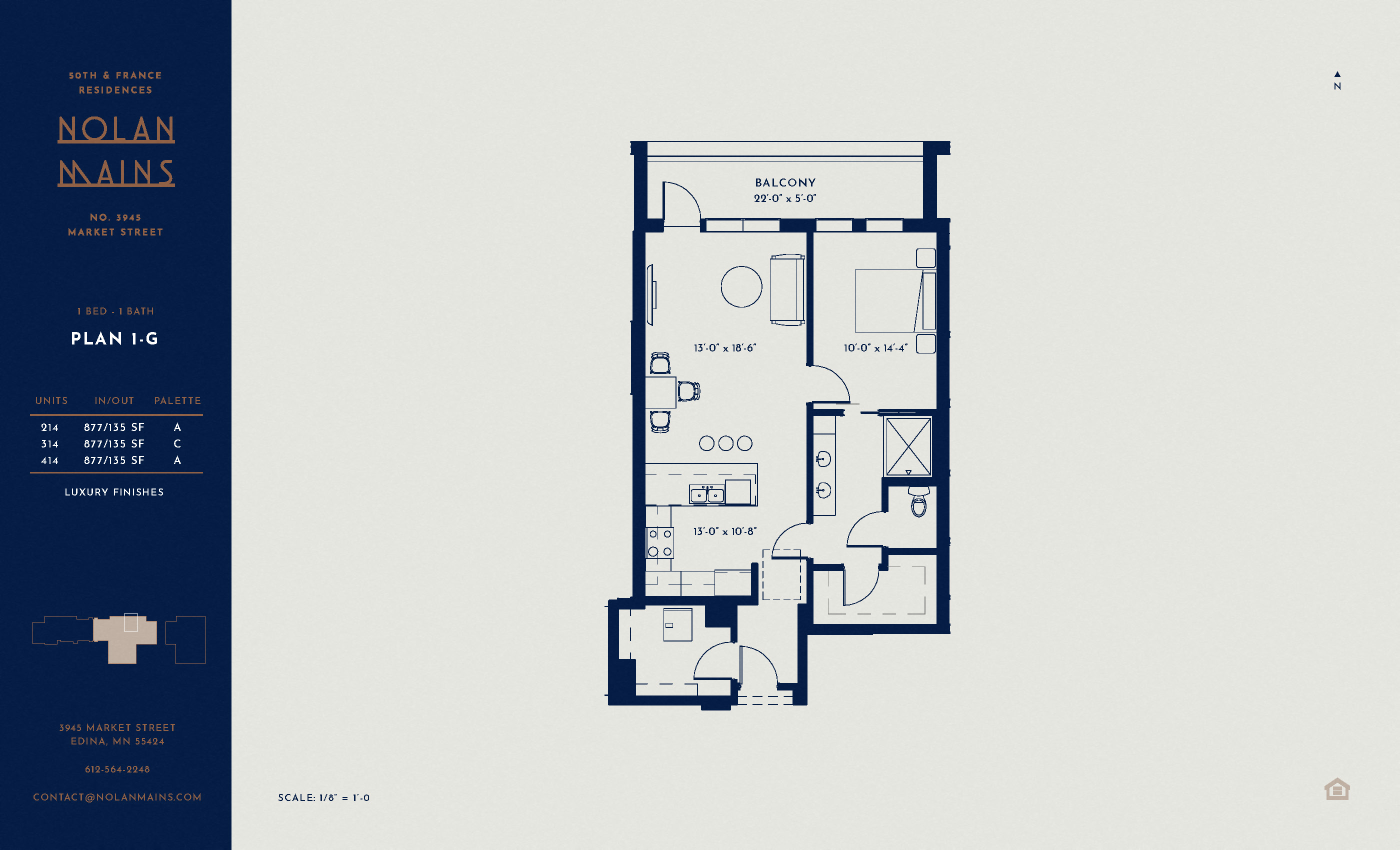 Floor plan for 1 bed, 1 bath, 877 sqft