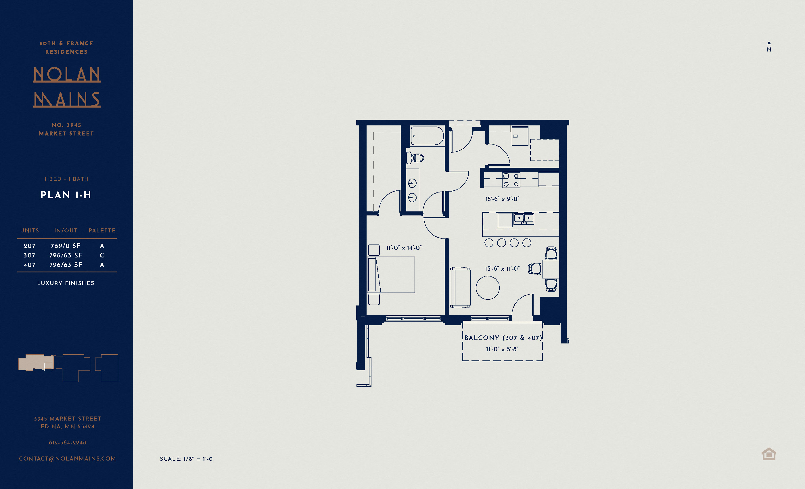 Floor plan for 1 bed, 1 bath, 769 sqft