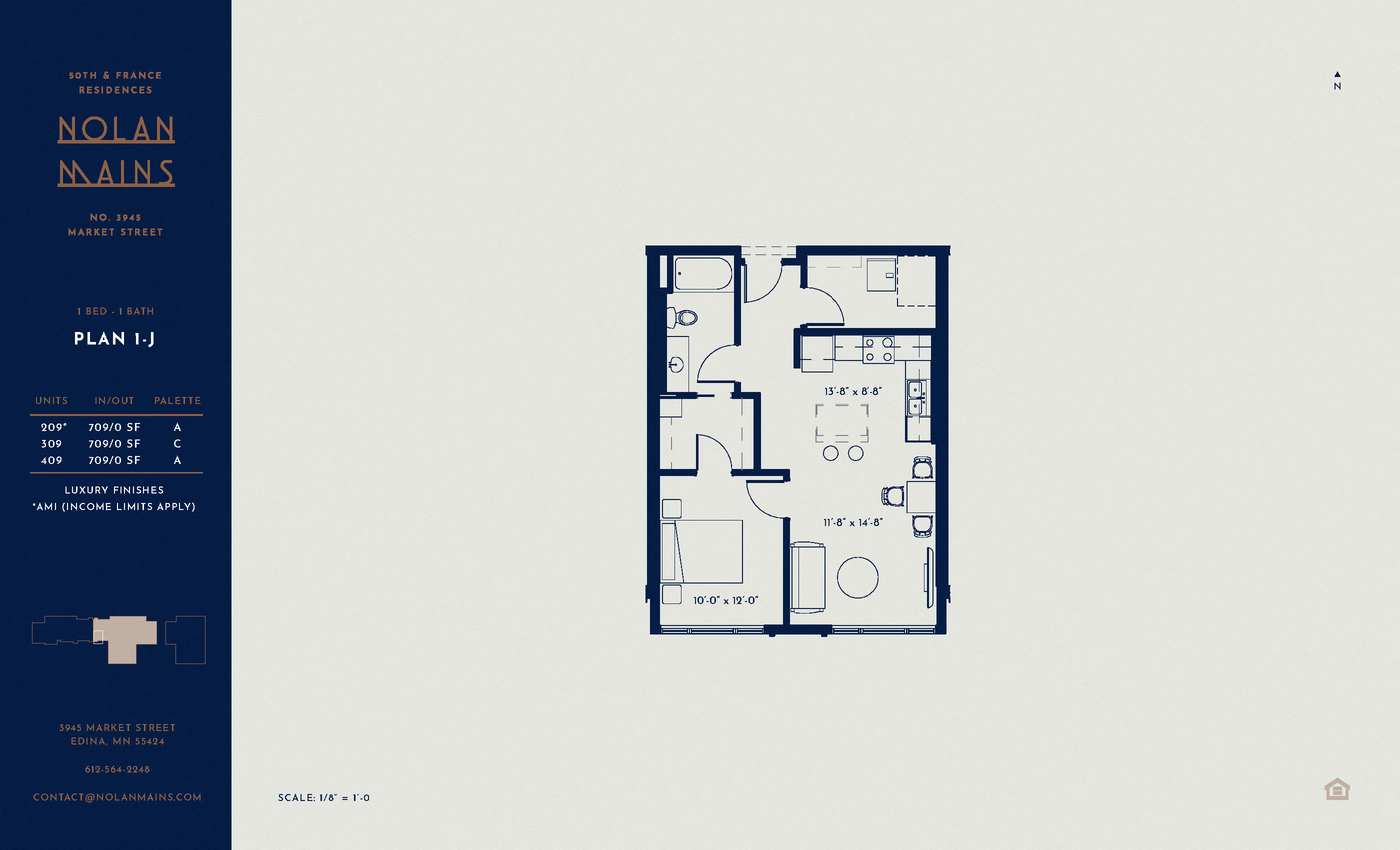 Floor plan for 1 bed, 1 bath, 709 sqft