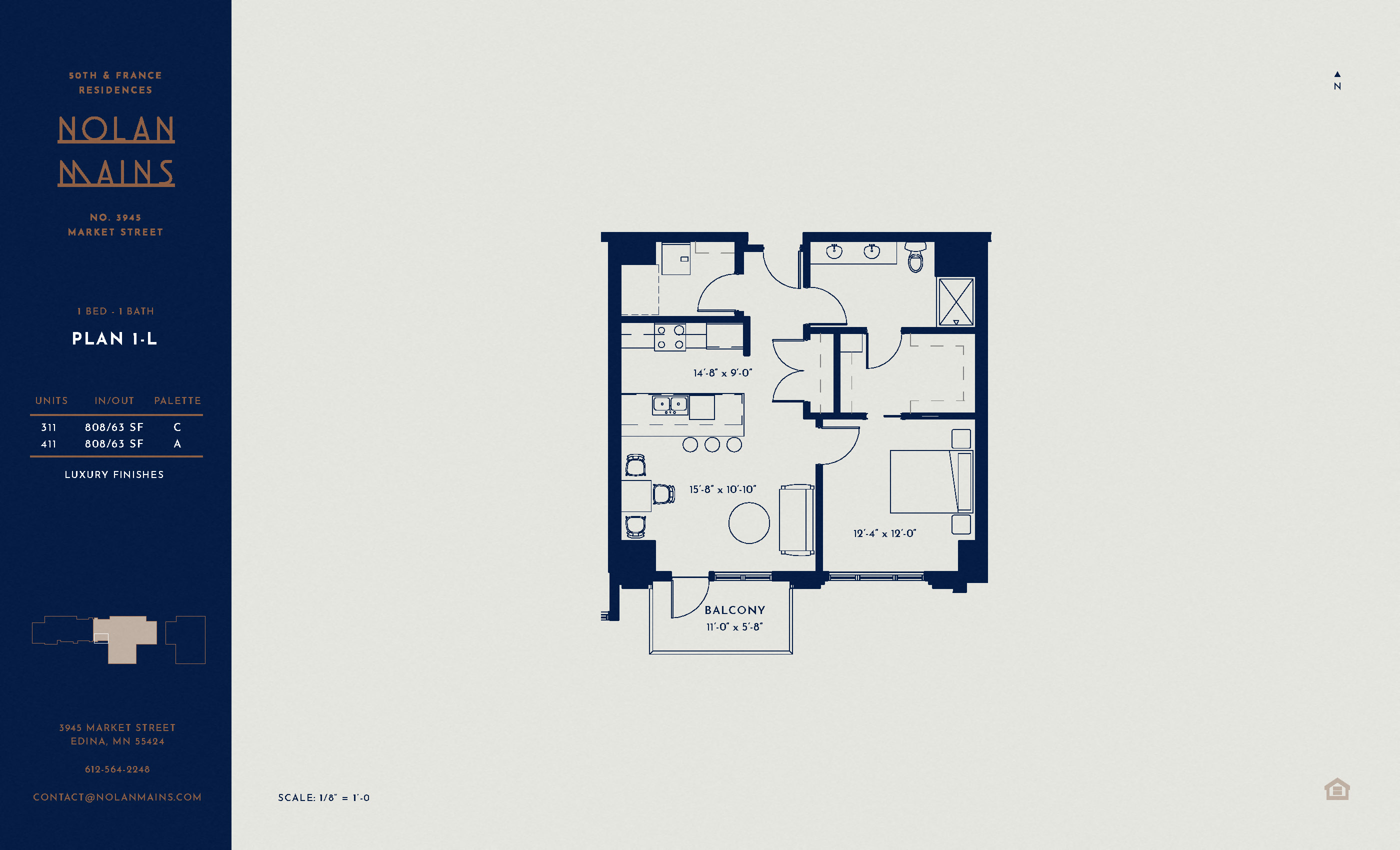 Floor plan for 1 bed, 1 bath, 808 sqft