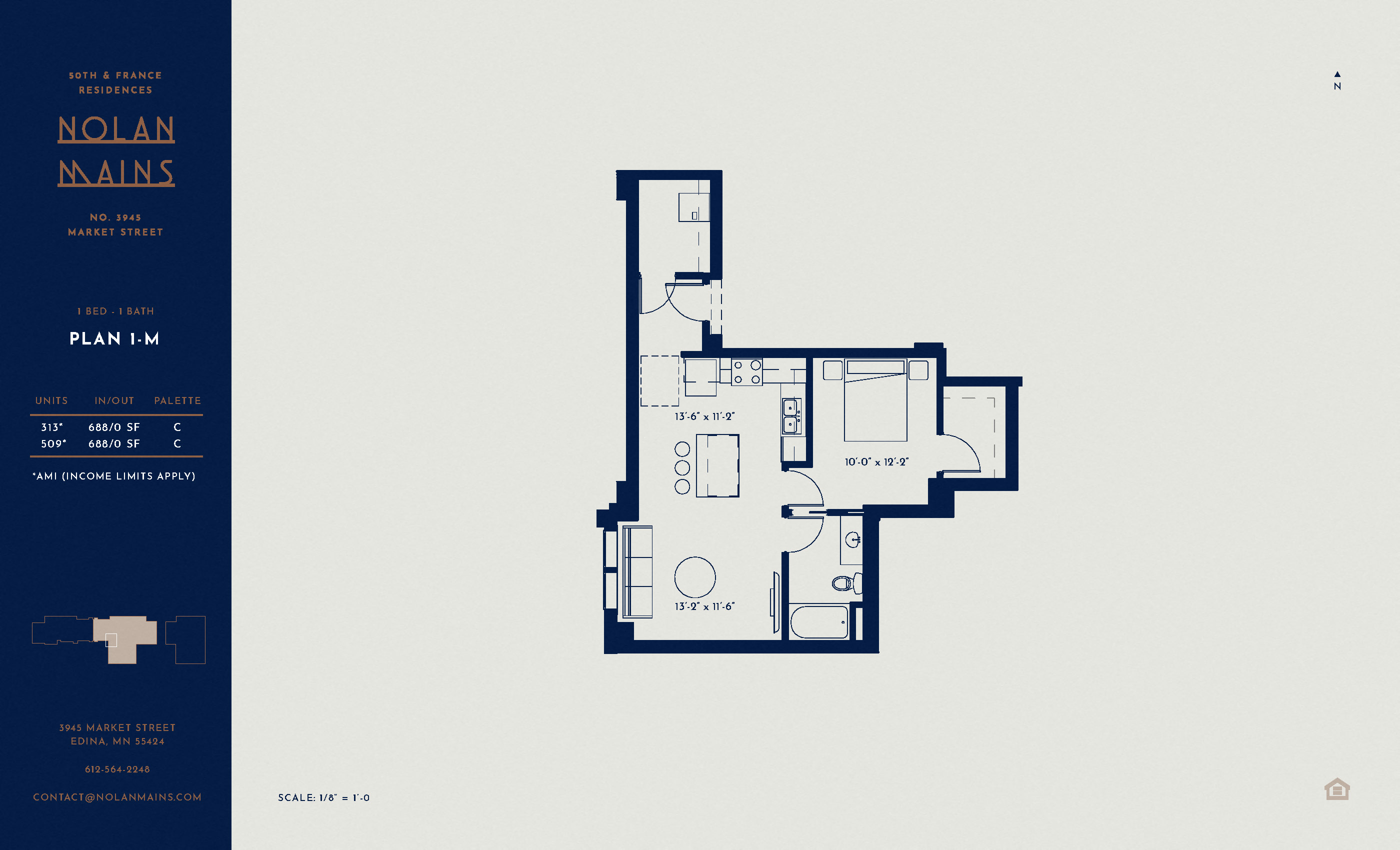 Floor plan for 1 bed, 1 bath, 688 sqft