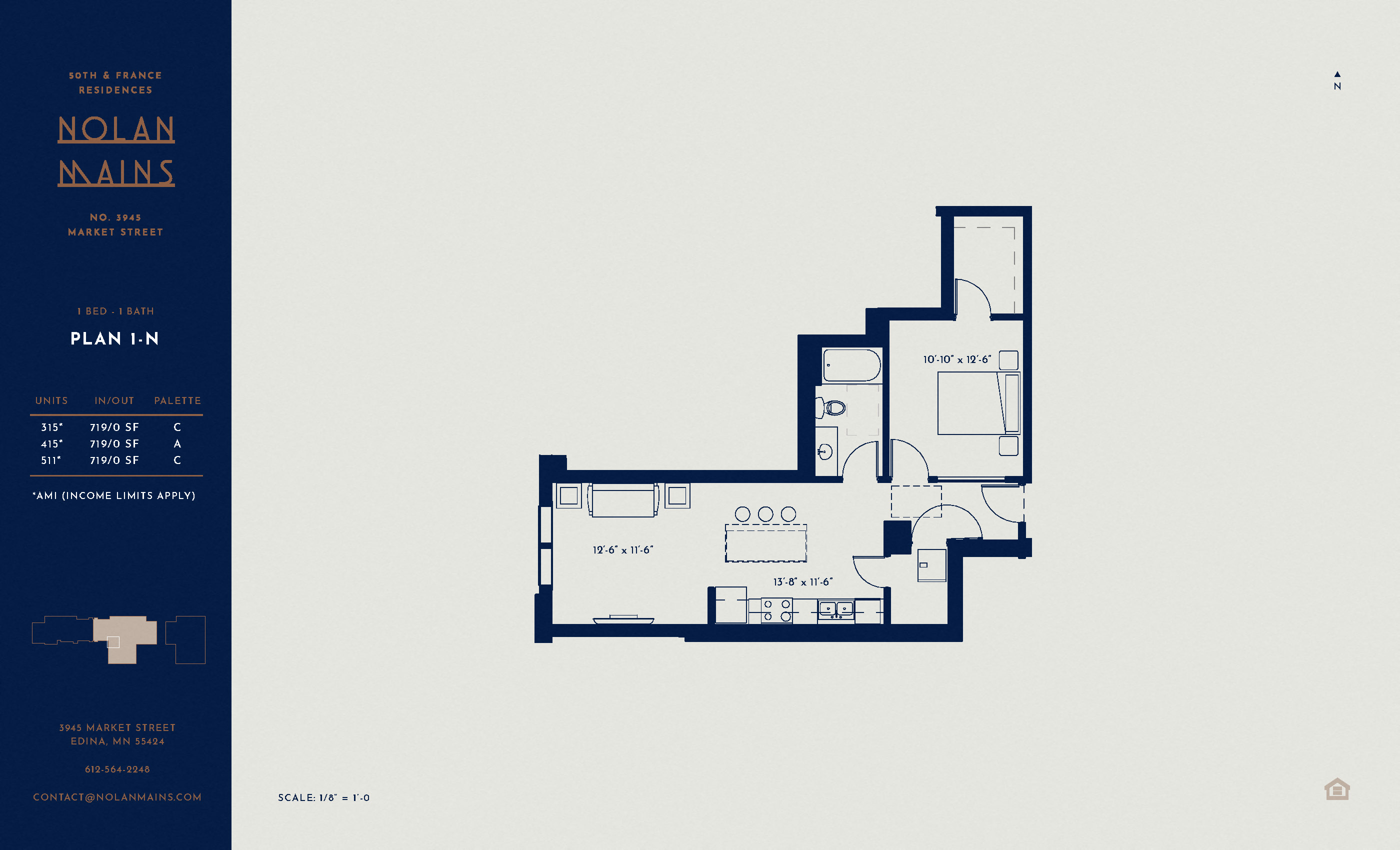 Floor plan for 1 bed, 1 bath, 719 sqft