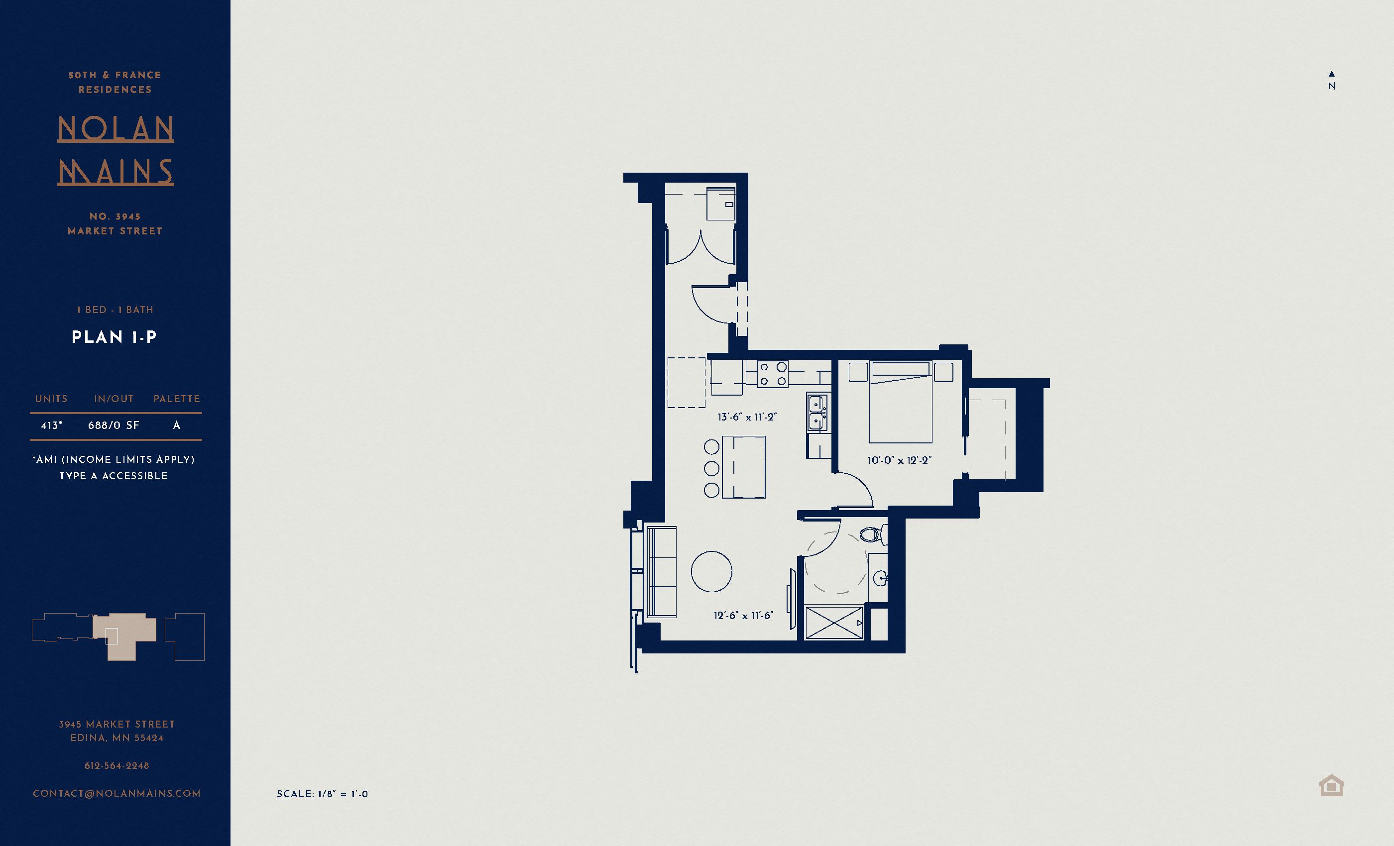 Floor plan for 1 bed, 1 bath, 688 sqft