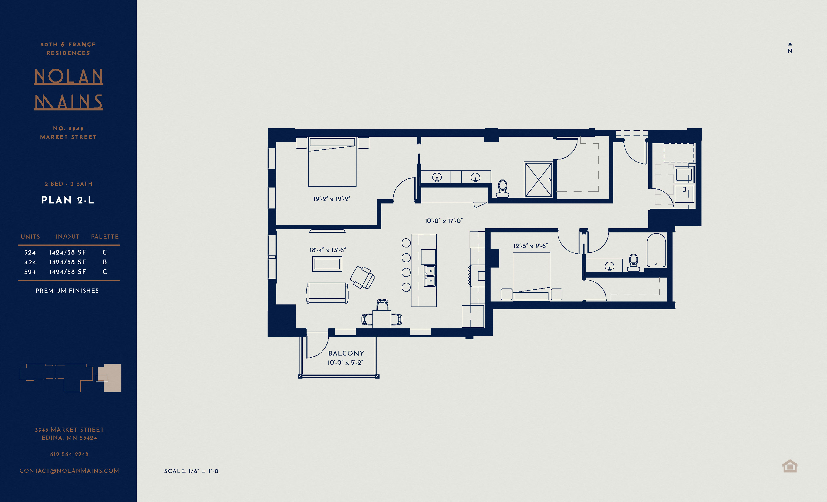 Floor plan for 1 bed, 2 baths, 1424 sqft