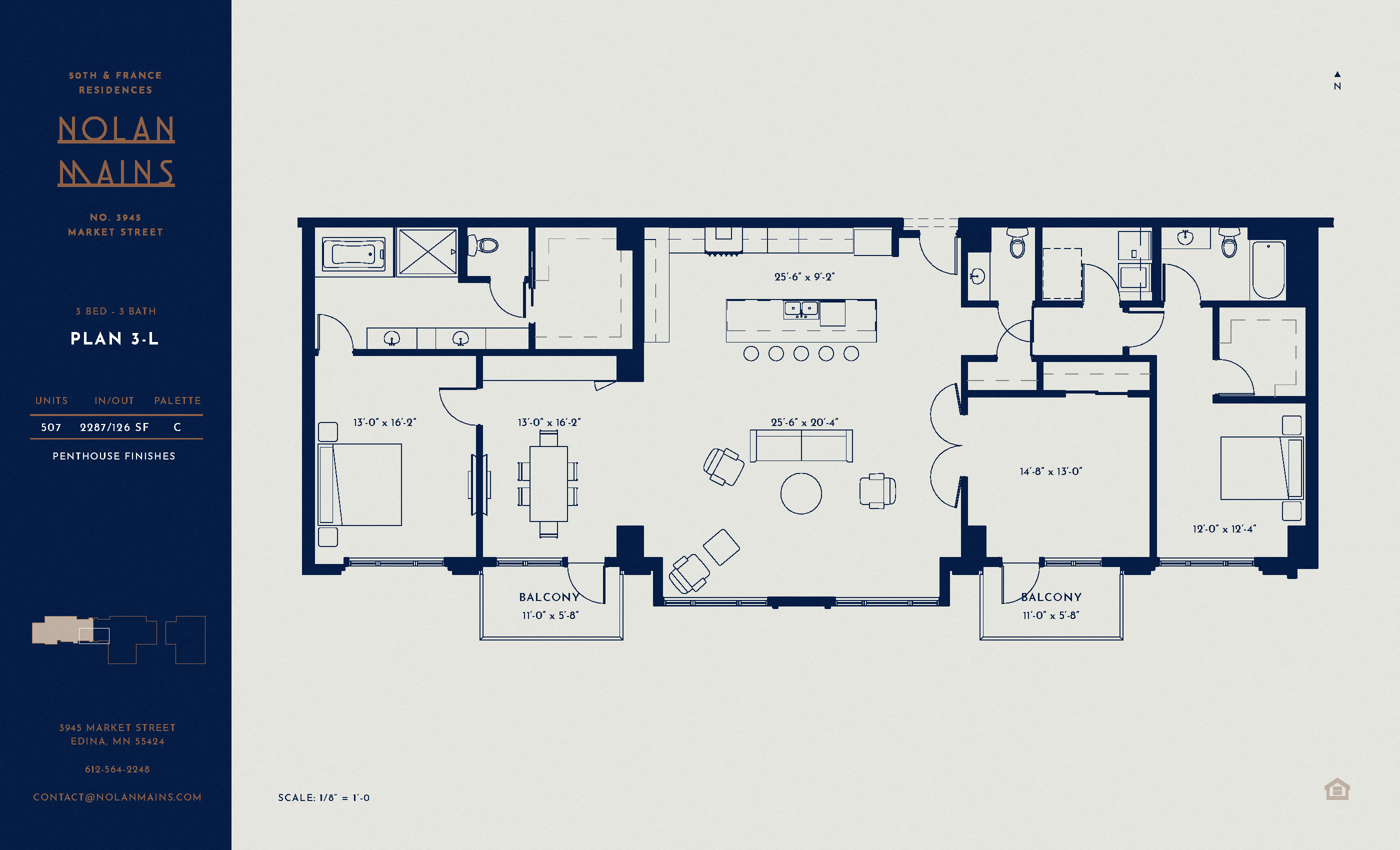 Floor plan for 3 beds, 2.5 baths, 2287 sqft