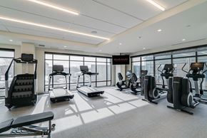 Edina apartment for rent - a gym with lots of exercise equipment and floor to ceiling windows