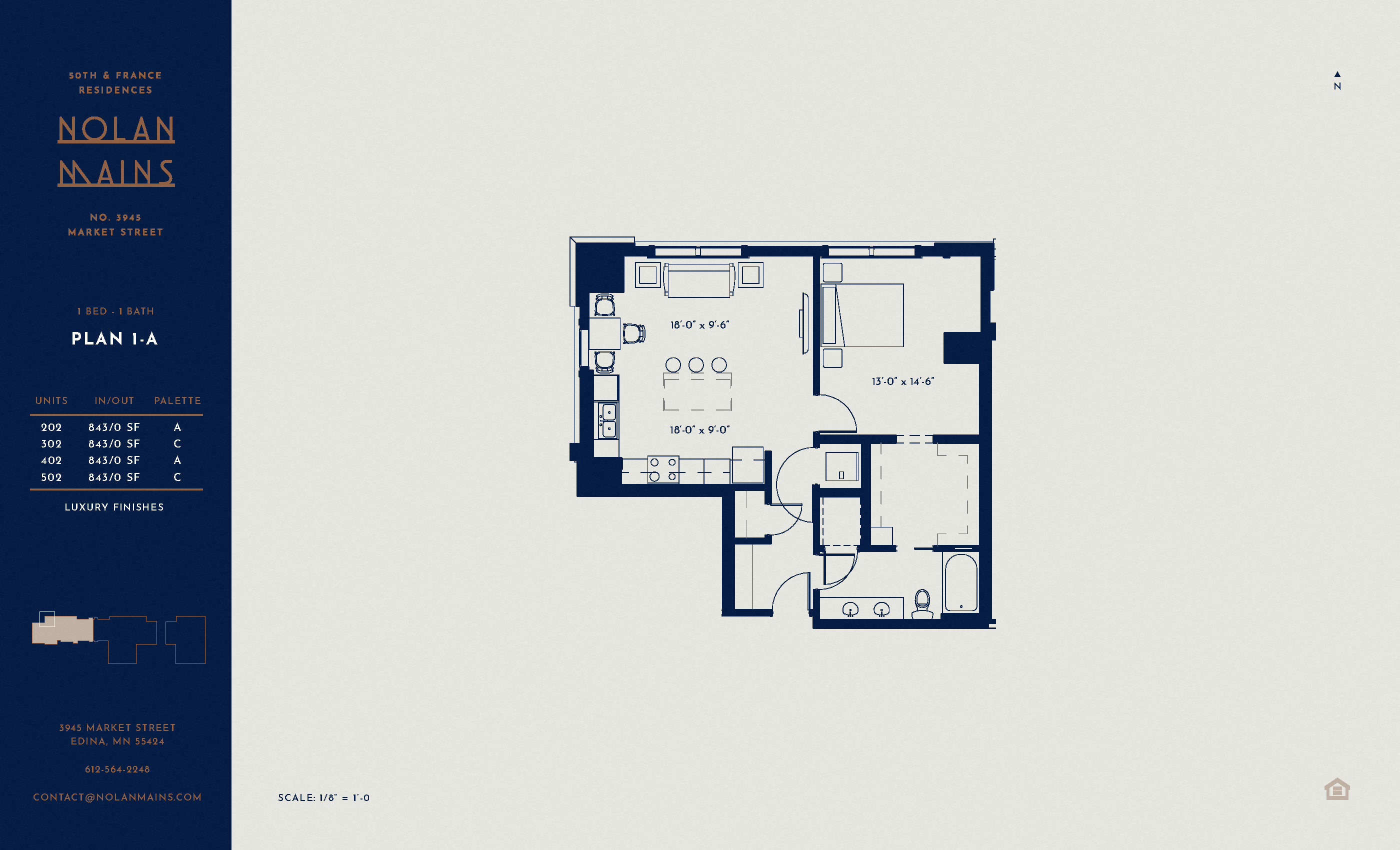 Floor plan for 1 bed, 1 bath, 843 sqft