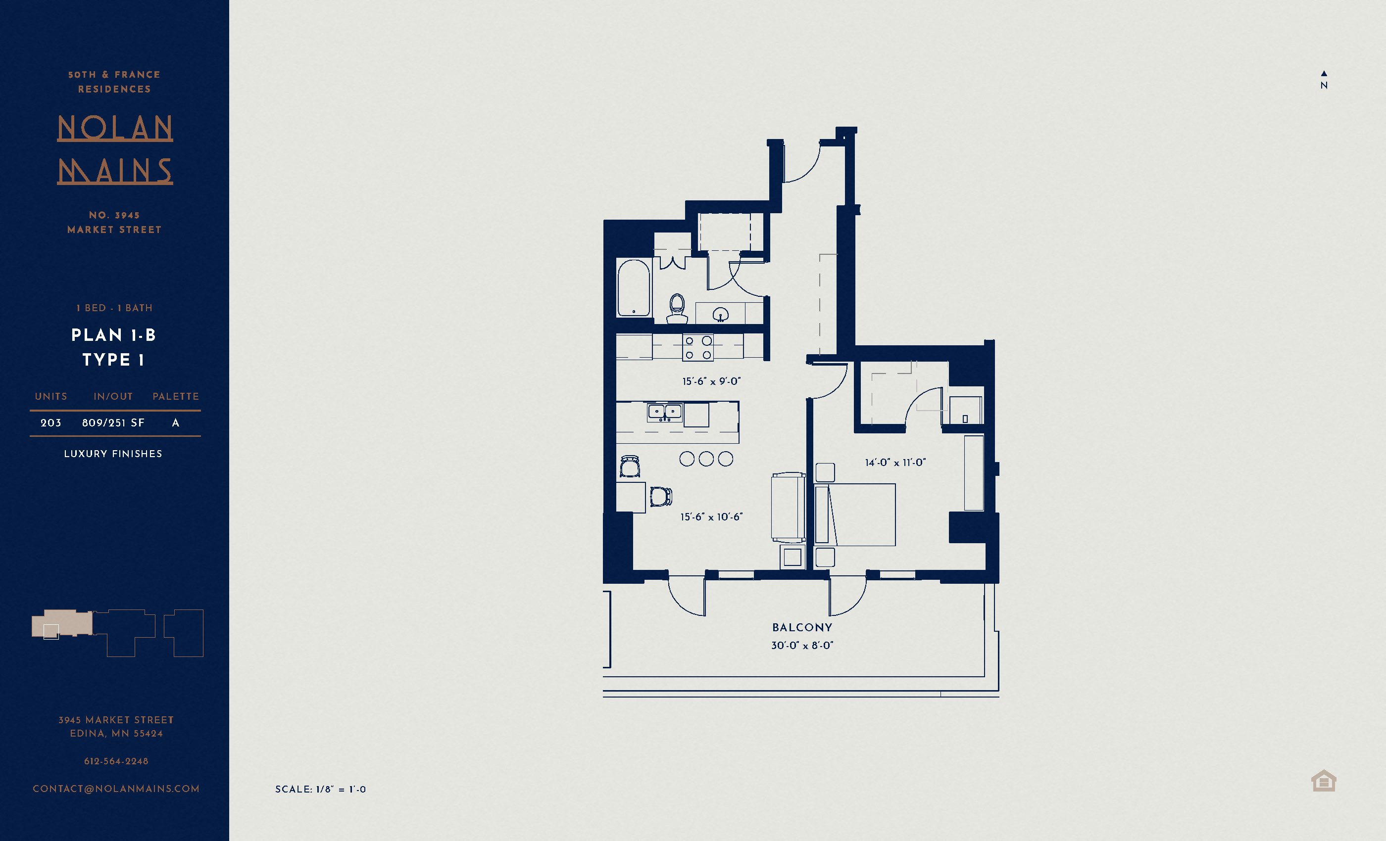 Floor plan for 1 bed, 1 bath, 809 sqft