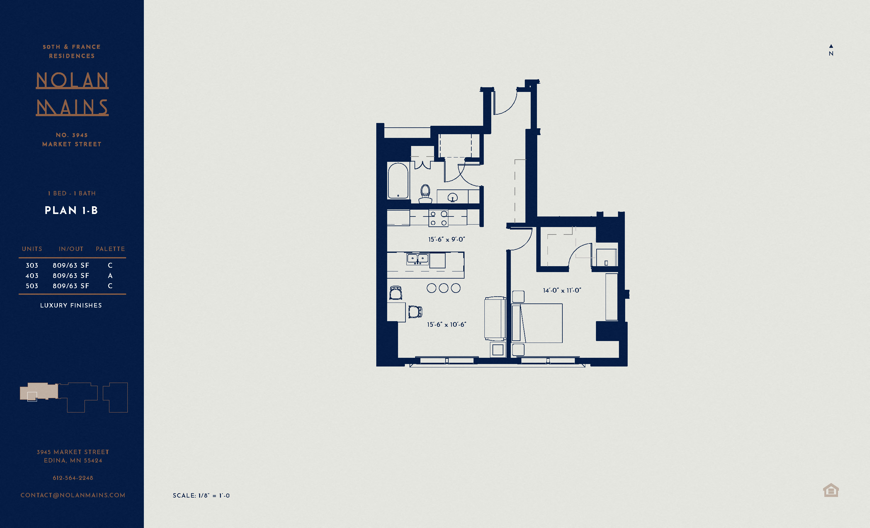 Floor plan for 1 bed, 1 bath, 809 sqft