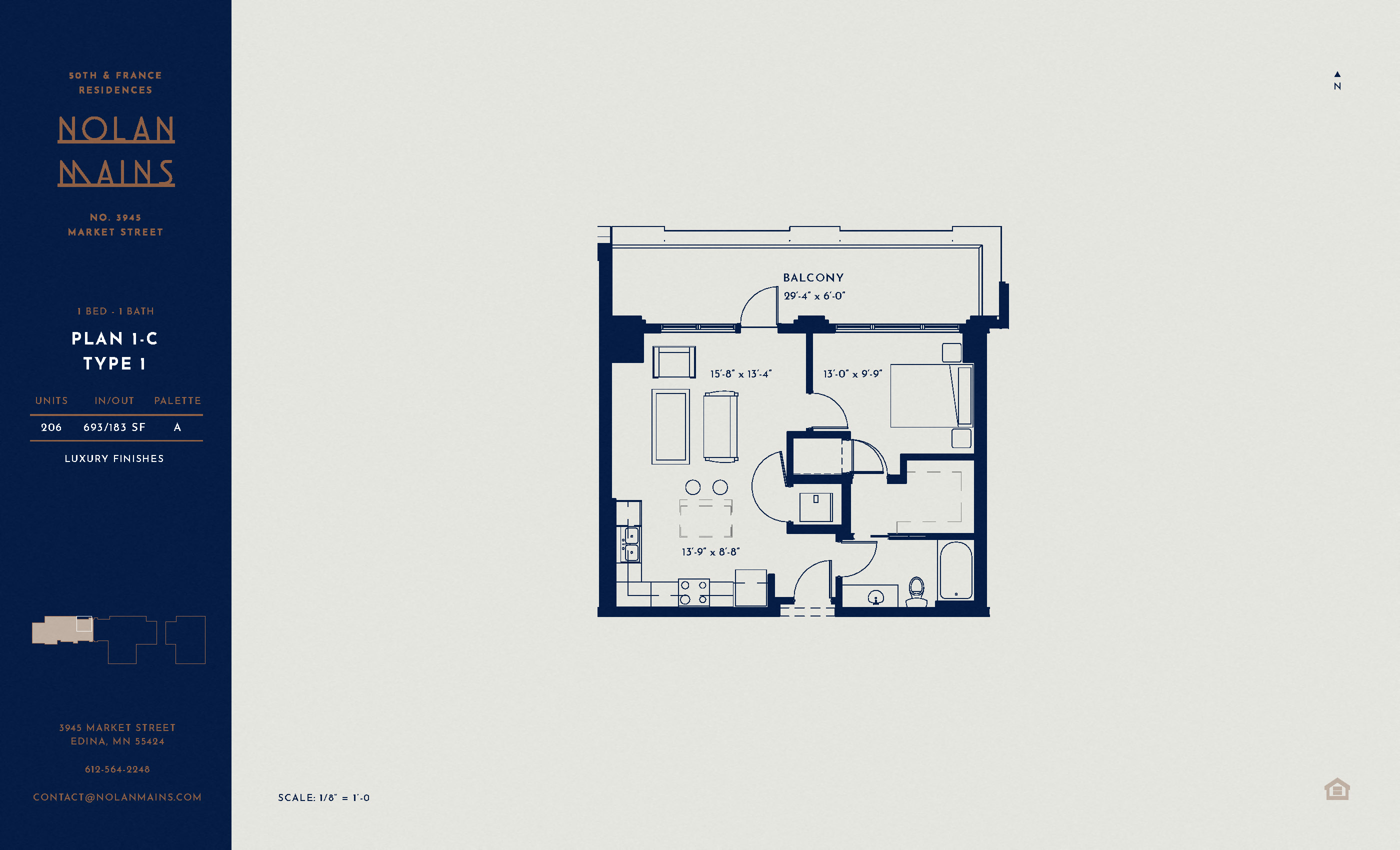 Floor plan for 1 bed, 1 bath, 693 sqft