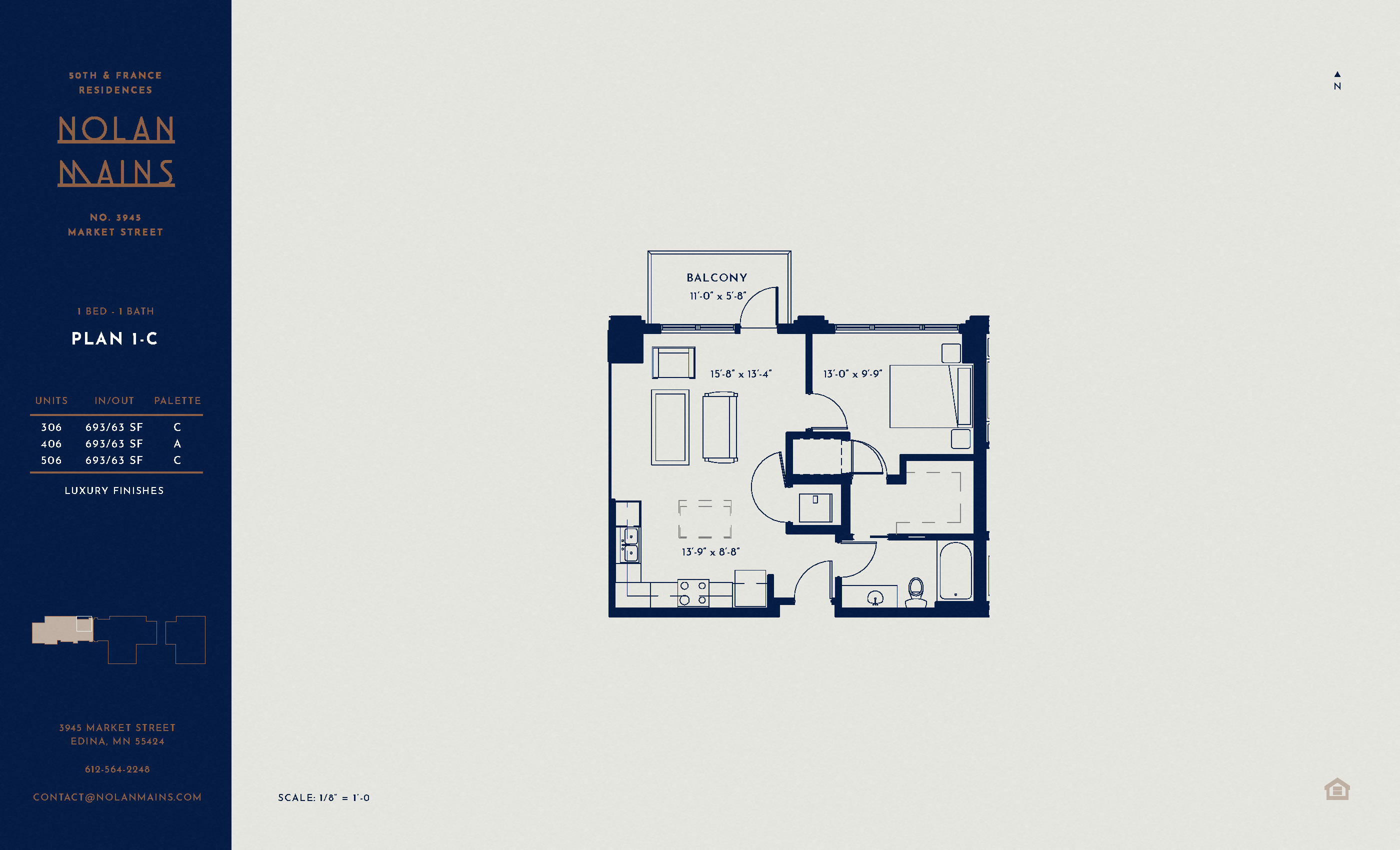 Floor plan for 1 bed, 1 bath, 693 sqft