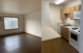Stoughton apartment for rent - two pictures of a kitchen and a living room with wood floors