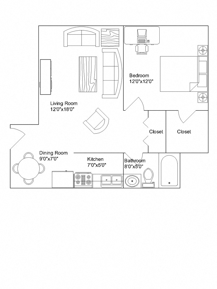 Floor plan for 1 bed, 1 bath, 550 sqft