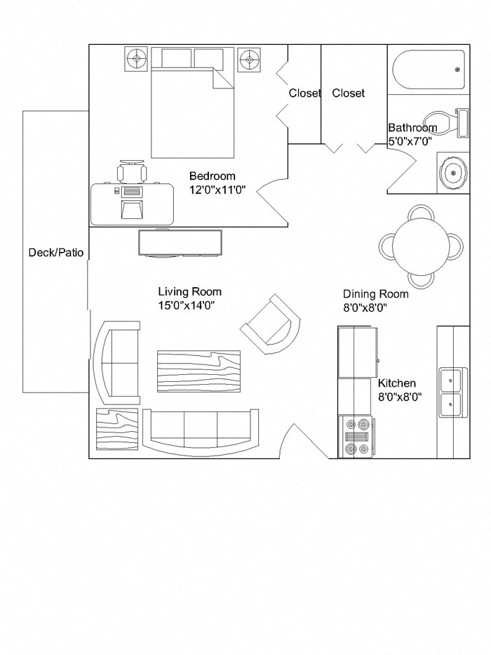 Floor plan for 1 bed, 1 bath, 550 sqft