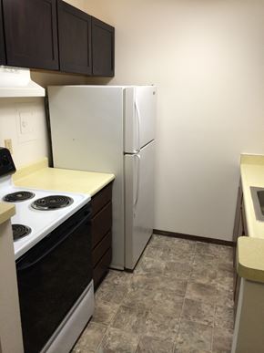 Lodi apartment for rent - A kitchen with a white fridge and black stove.