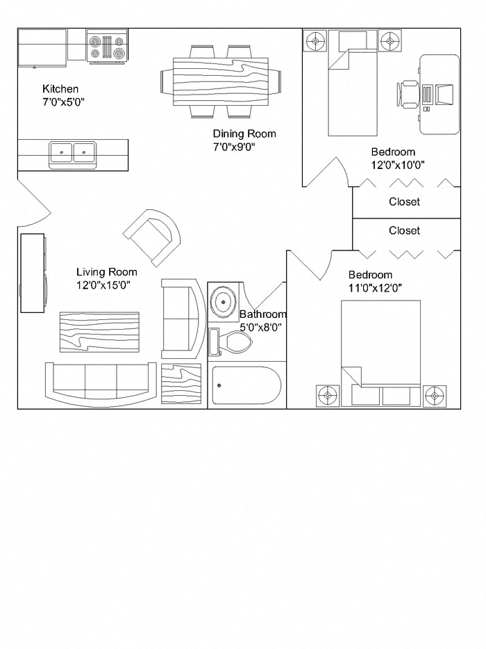 Floor plan for 2 beds, 1 bath, 650 sqft