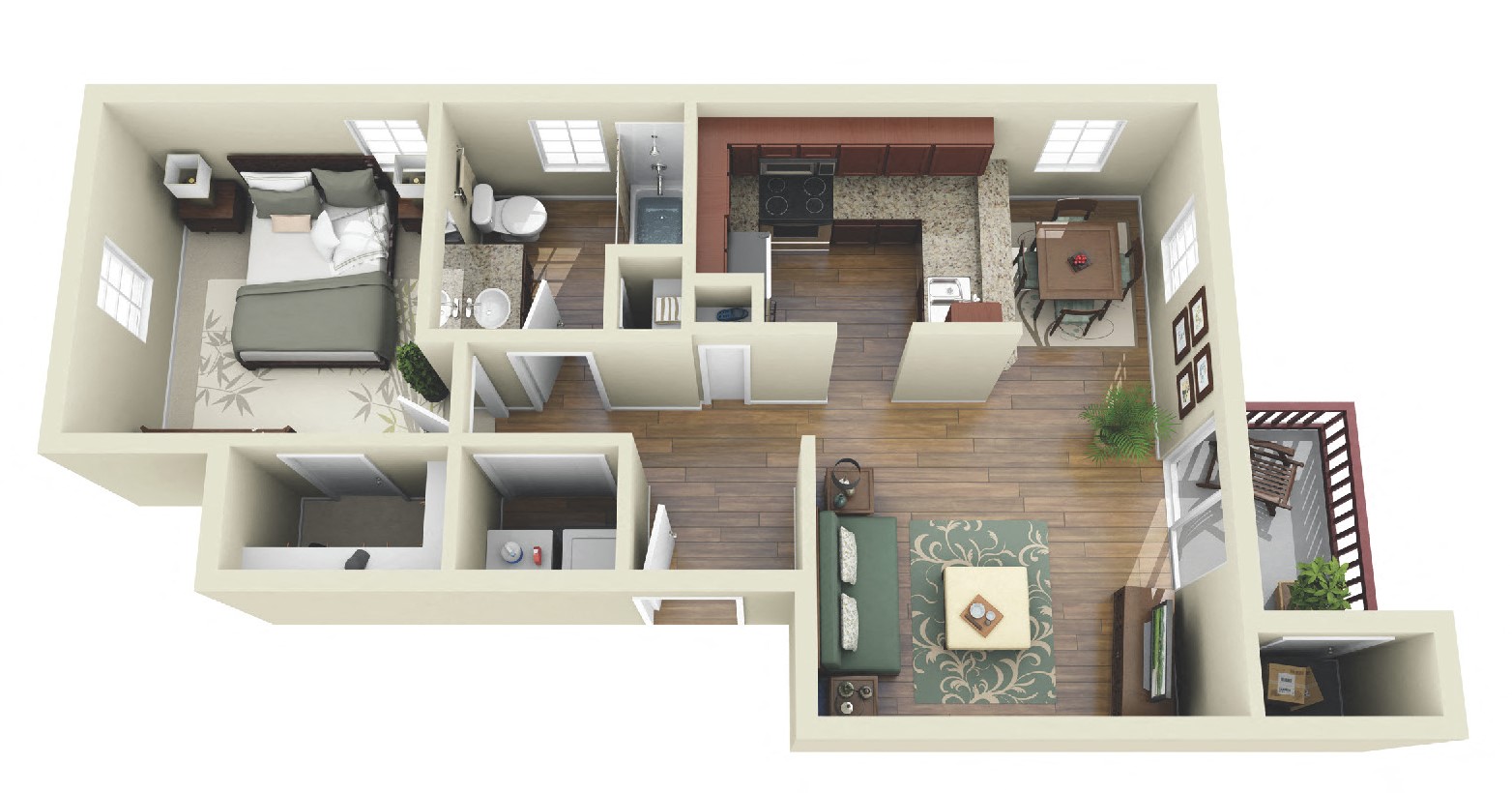 Floor plan for 1 bed, 1 bath, 705 sqft