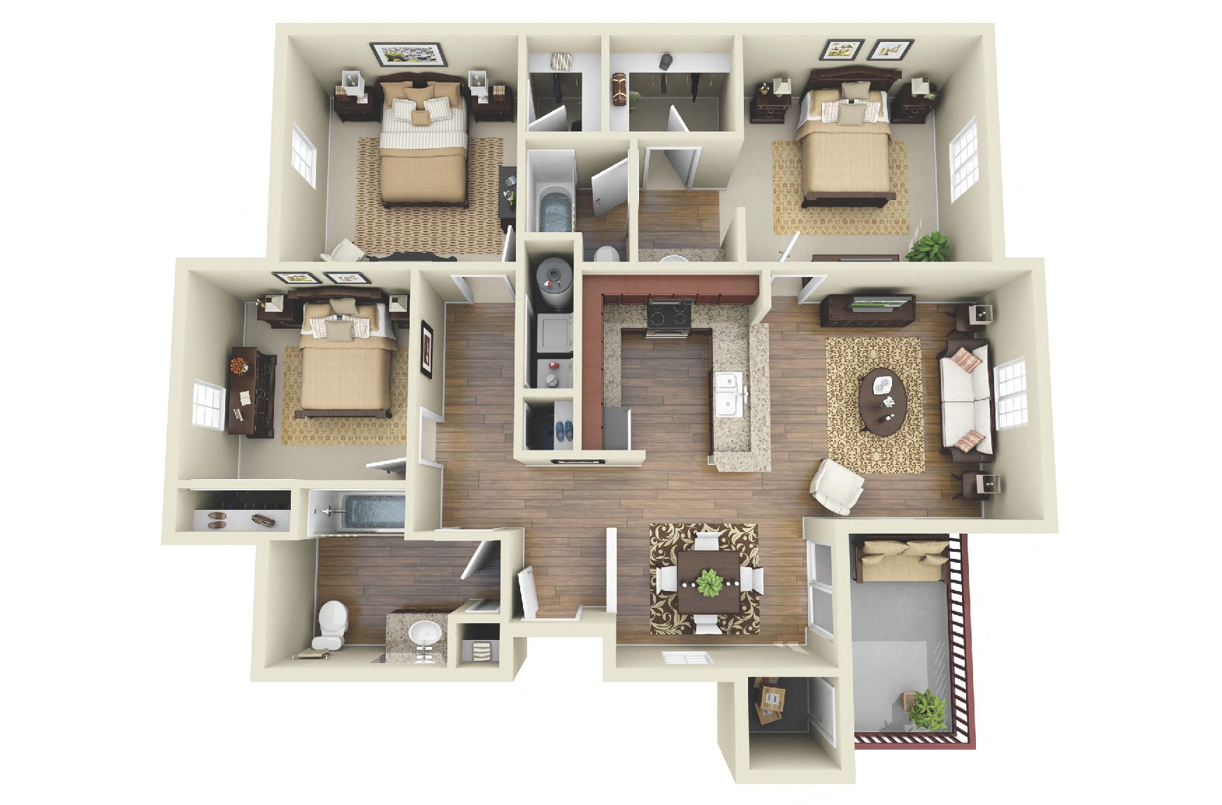 Floor plan for 3 beds, 2 baths, 1138 sqft