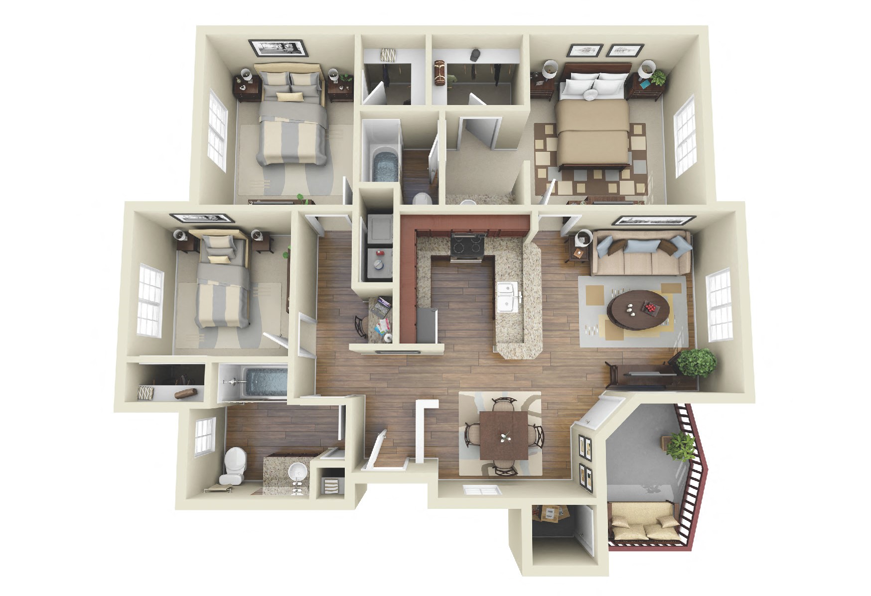 Floor plan for 3 beds, 2 baths, 1138 sqft