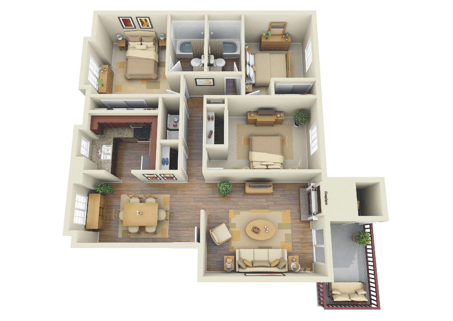Floor plan for 3 beds, 2 baths, 1148 sqft