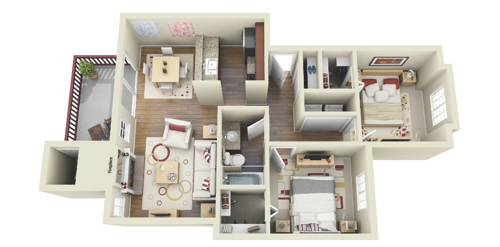 Floor plan for 2 beds, 1 bath, 859 sqft