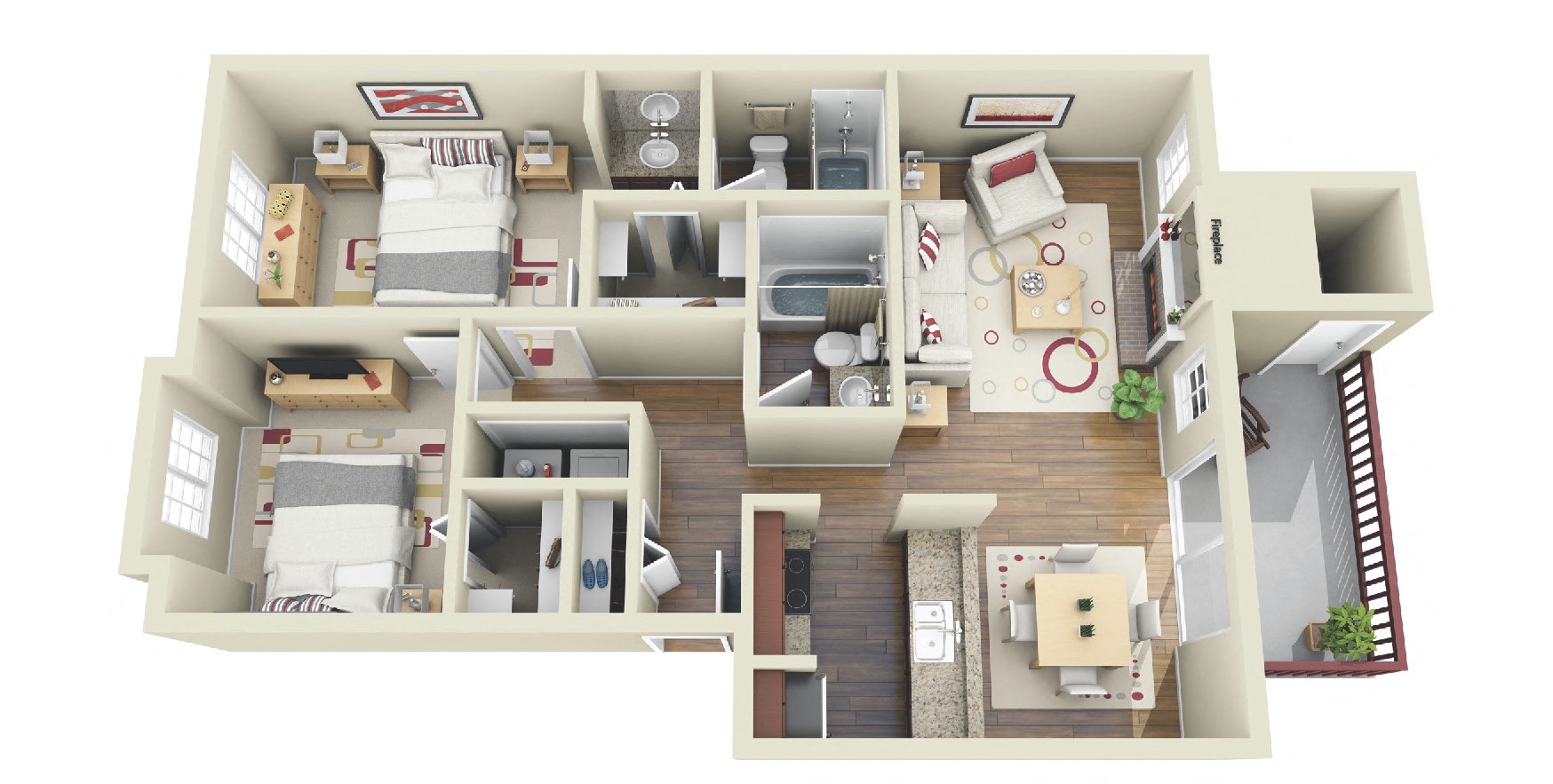 Floor plan for 2 beds, 2 baths, 981 sqft