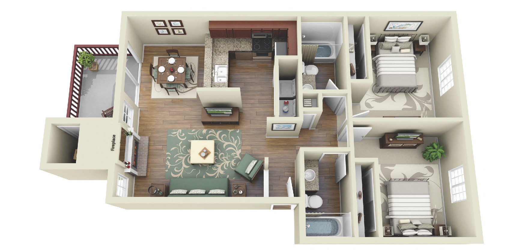 Floor plan for 2 beds, 2 baths, 971 sqft