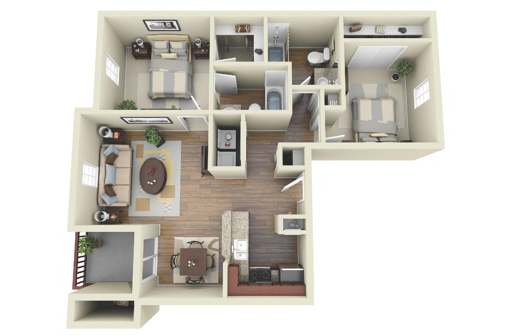 Floor plan for 2 beds, 2 baths, 960 sqft