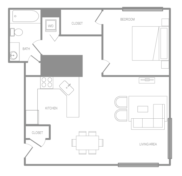 Floor plan for 1 bed, 1 bath, 750 sqft