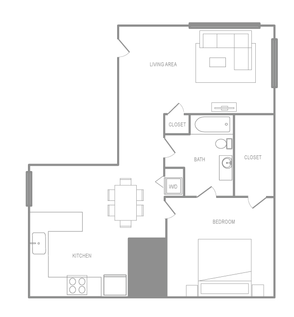 Floor plan for 1 bed, 1 bath, 734 sqft