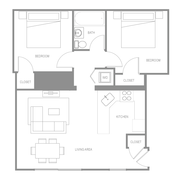 Floor plan for 2 beds, 1 bath, 865 sqft