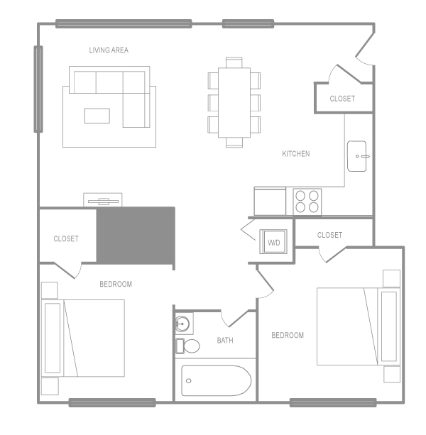 Floor plan for 2 beds, 1 bath, 829 sqft