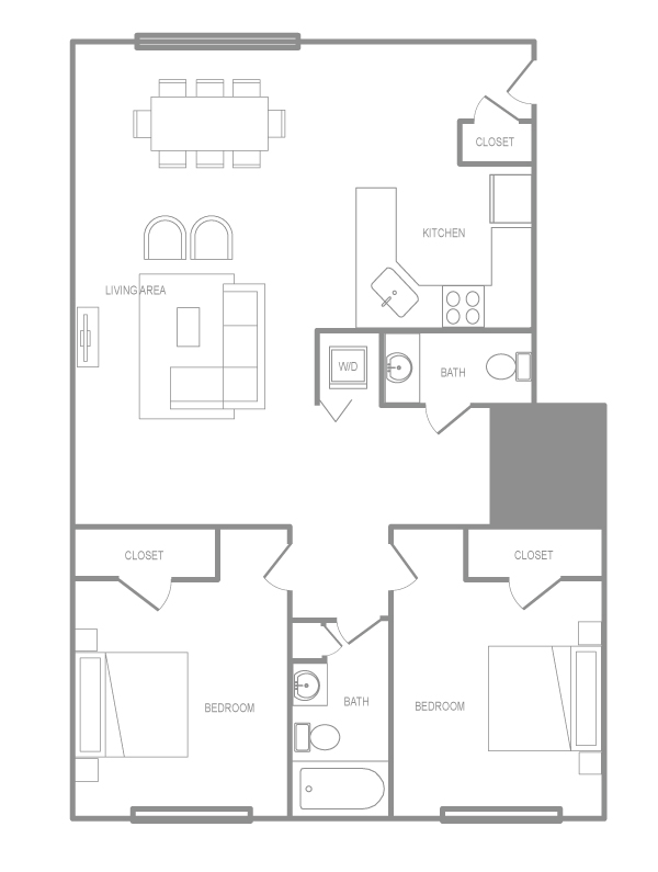 Floor plan for 2 beds, 1 bath, 904 sqft