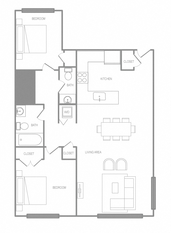 Floor plan for 2 beds, 1.5 baths, 1115 sqft