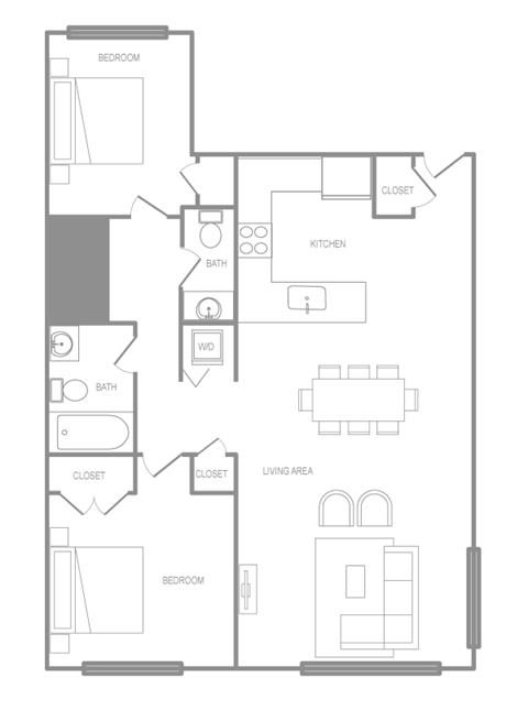 Floor plan for 2 beds, 1 bath, 900 sqft