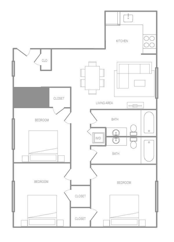 Floor plan for 3 beds, 2 baths, 1190 sqft